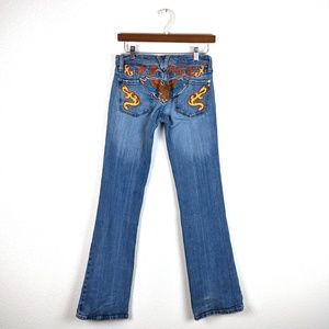 Miss Me Embroidered Peace low rise bootcut jeans